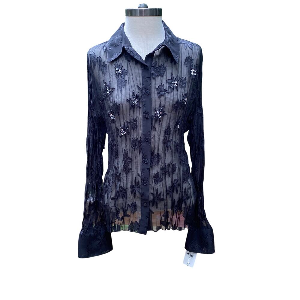 Vintage Sheer Black Button Up Blouse Beaded Embellished size M